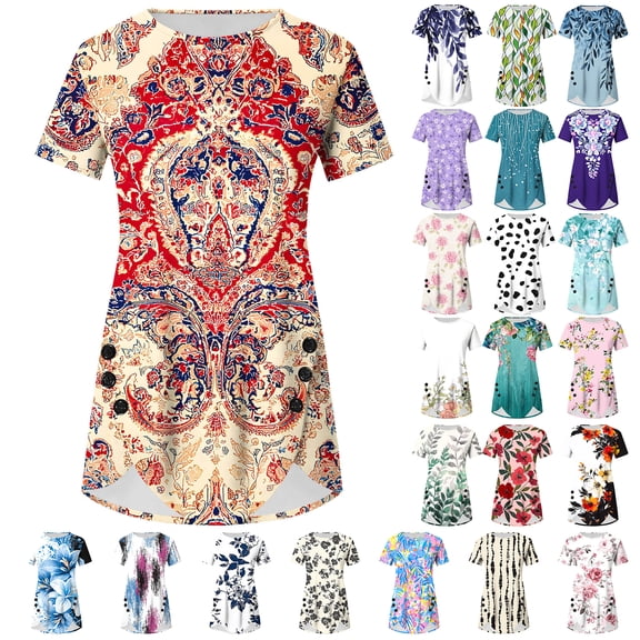 NSLGXD Women's T Shirts Casual Crew Neck Short Sleeve Shirts Button up Fashion Graphic Tees Flowy Athletic Tshirts S-2XL Red Top