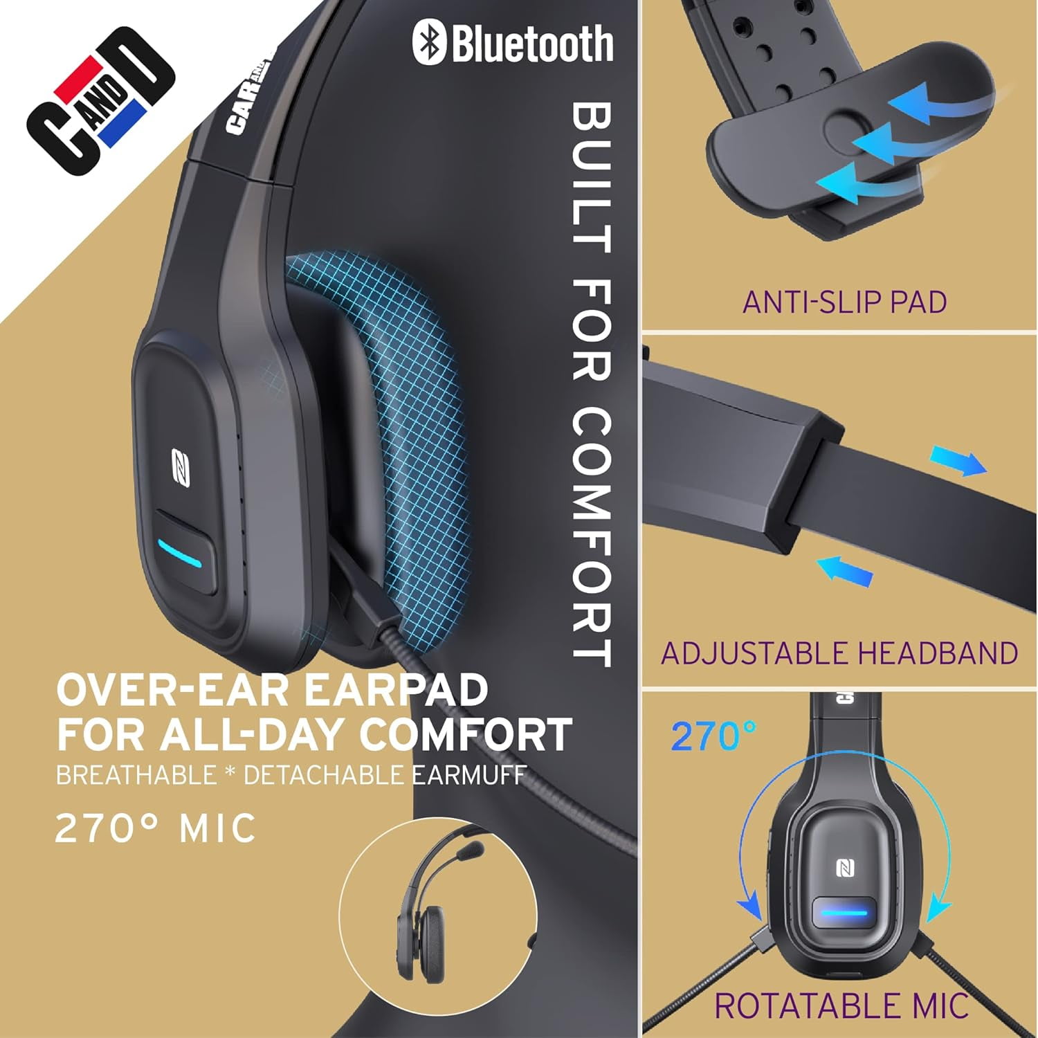 Car and Driver Trucker Bluetooth Headset, Wireless Headset Noise Canceling Headphones with Microphone, Home Office, Zoom, Call Center, Clear Highway, Siri Alexa Google Compatible