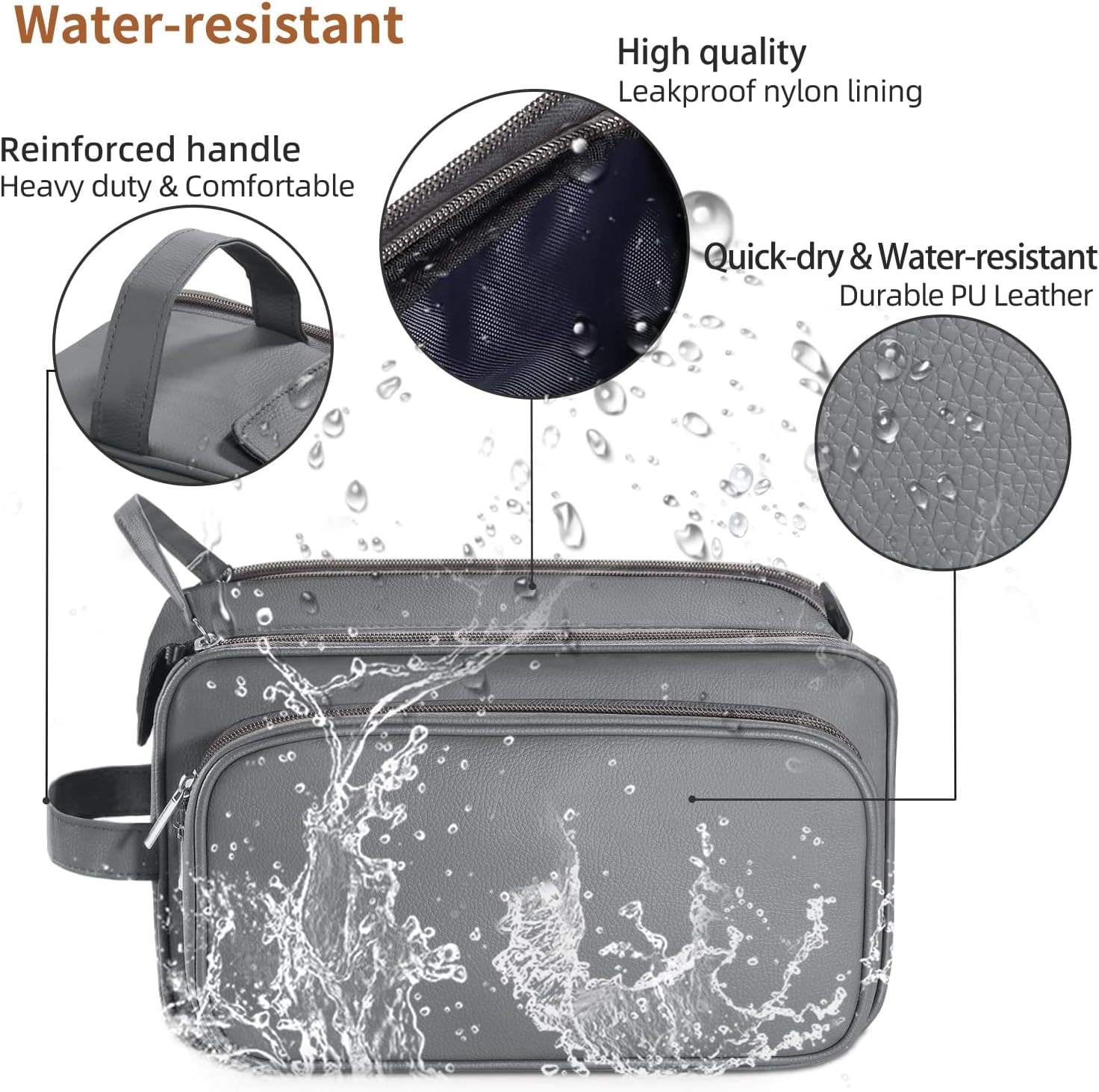 Large Capacity Toiletry Bag for Men, Leather Hanging Toiletry Organizer Cosmetics Makeup Bag, Gray