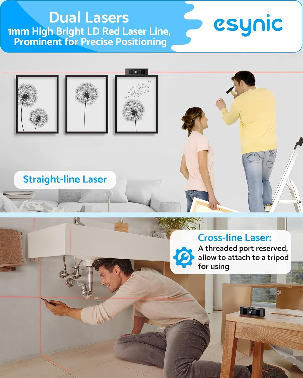 ‌eSynic Digital Angle Finder with Laser Level - Magnetic, Rechargeable, IP54 Waterproof, Dual LCD Display (Class II Laser)