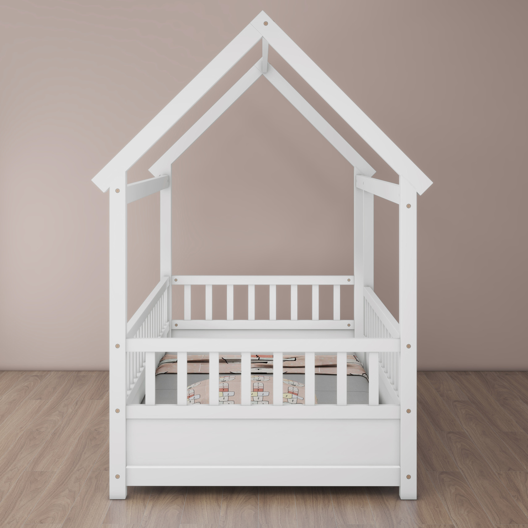 Montessori Twin Floor Bed with 20" Safety Rail & Wooden Roof, Enclosed Play Space for Boys & Girls, White