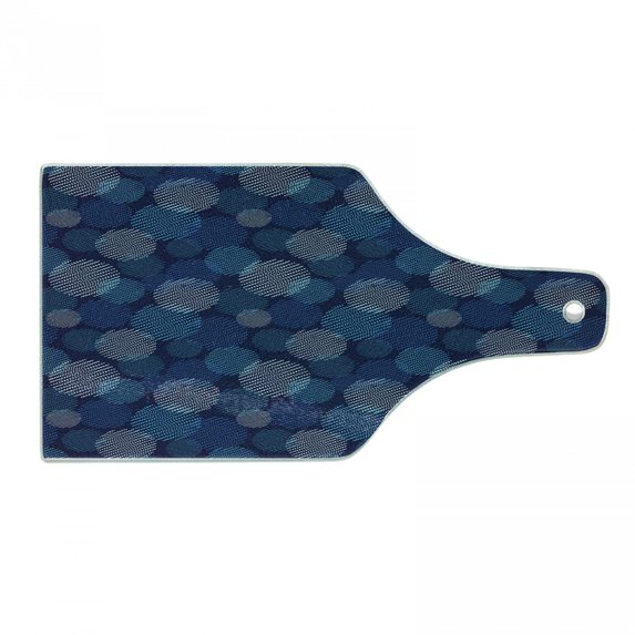 Abstract Cutting Board, Modern Digital Featured Polka Dots Extravagant Dotted Circles, Decorative Tempered Glass Cutting and Serving Board, Wine Bottle Shape, Pale Blue Navy Blue, by Ambesonne