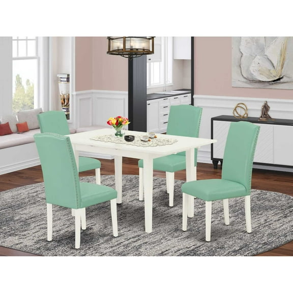 Dining Room Table Set for 4 - Linen White Wood Table & Faux Leather Chairs 32x54 Inch
