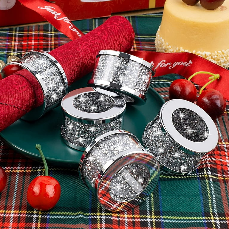 SHYFOY Napkin Rings Set of 6 Bulk Silver Diamond Cloth Napkin Holder Rings Decor
