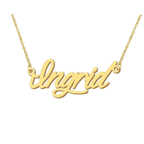 HUAN XUN 18k Gold Plated Ingrid Name Necklace Stainless Steel Nameplate Necklaces for Womens Mens Mother Day Christmas Jewelry Gift