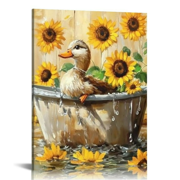 Acheng Duck Bathroom Decor Duck Wall Art Sunflower Duck in Bathtub Wall Art Rustic Prints Pictures Bathroom Canvas Painting Modern Decorations Framed Artwork for Bathroom Toilet  12x16 in