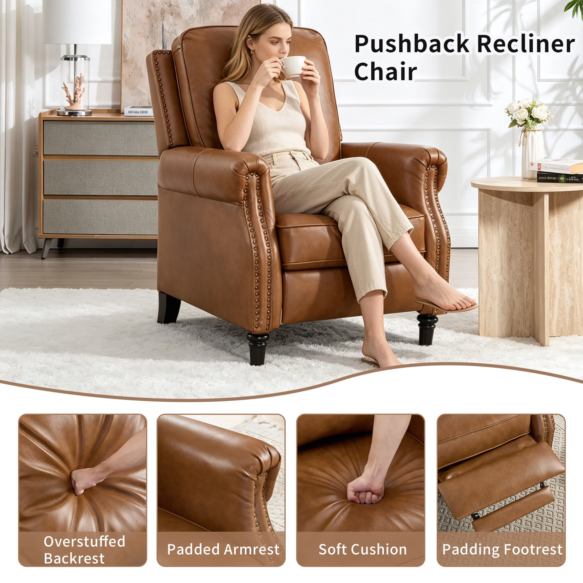 Ebello Genuine Leather Push Back Recliner Chair, Wingback Reclining Chair with Padded Seat & Rivet Decoration, Single Sofa for Living Room, Apartment (Brown)