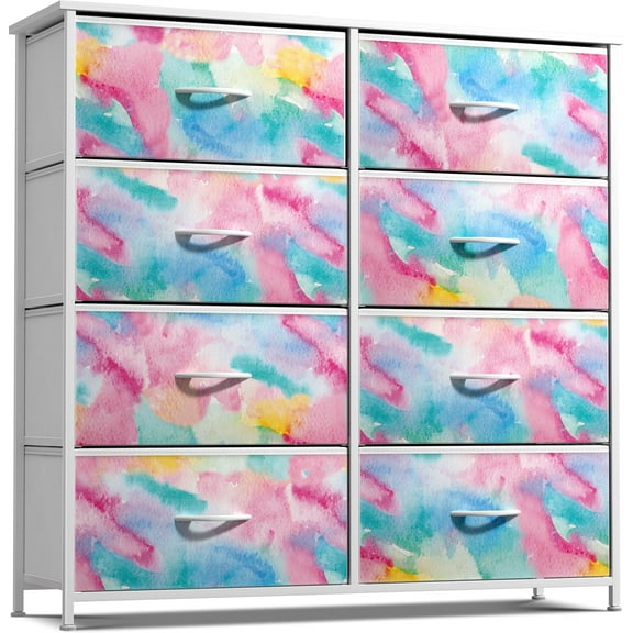 PetFurnishn  Kids Dresser with 8 Drawers - Storage Chest Organizer Unit Nightstand - Steel Frame, Wood Top, Tie-Dye Fabric Bins for Clothes - Wide Furniture for Bedroom, Hallway, Closet, Watercolor