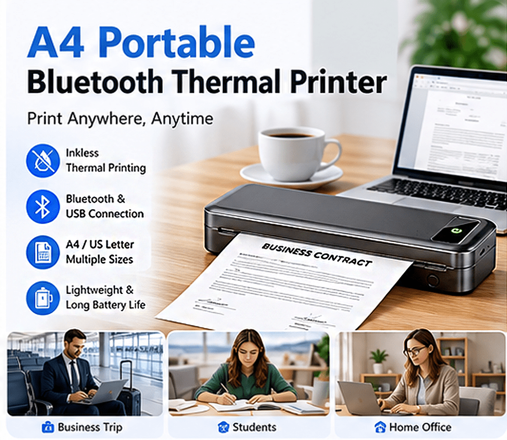 Phomemo Upgraded Portable Printers Wireless for Travel, Bluetooth Inkless Thermal Printer Support 8.5" X 11" US Letter, Mobile Printer for Phone Laptop, for Home Office Receipt, with 4 Rolls Paper