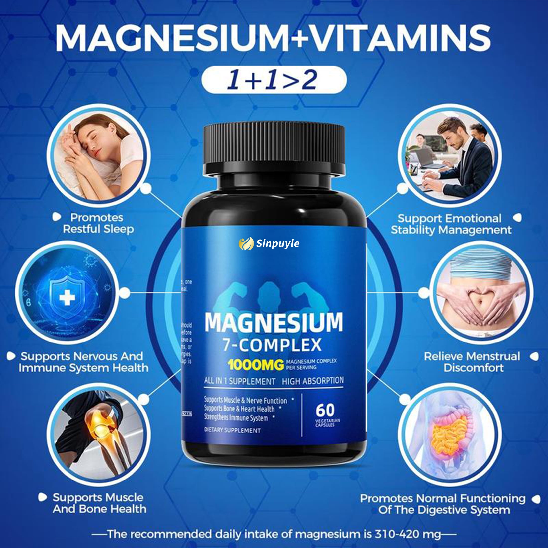 Magnesium 7-Complex 1000mg, High Absorption 7-in-1 Magnesium Supplement, Supports Muscle & Nerve Function, Bone & Heart Health, 60 Vegetarian Capsules