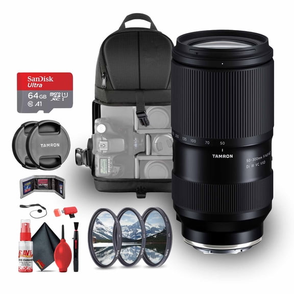 Tamron 50-300mm F/4.5-6.3 Di III VC VXD Lens for Sony E (AFA069S70) Bundle Including 64 GB Memory Card, 3-Piece Filter Kit, Backpack, Card Reader, Card Wallet, Full Cleaning Kit, Lens Caps