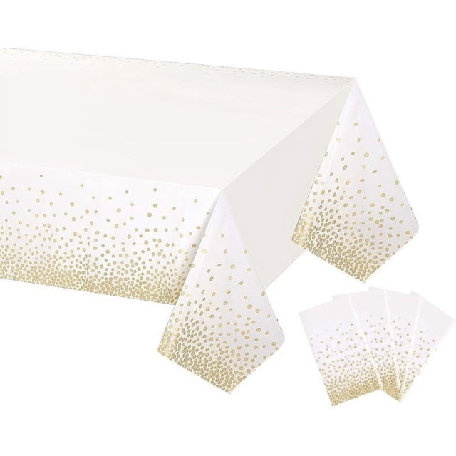 Paquete de 4 manteles de plástico desechables blancos y dorados para mesas rectangulares (54" x 108"), cubierta de mesa impermeable para cumpleaños, decoración de Año Nuevo 2024
