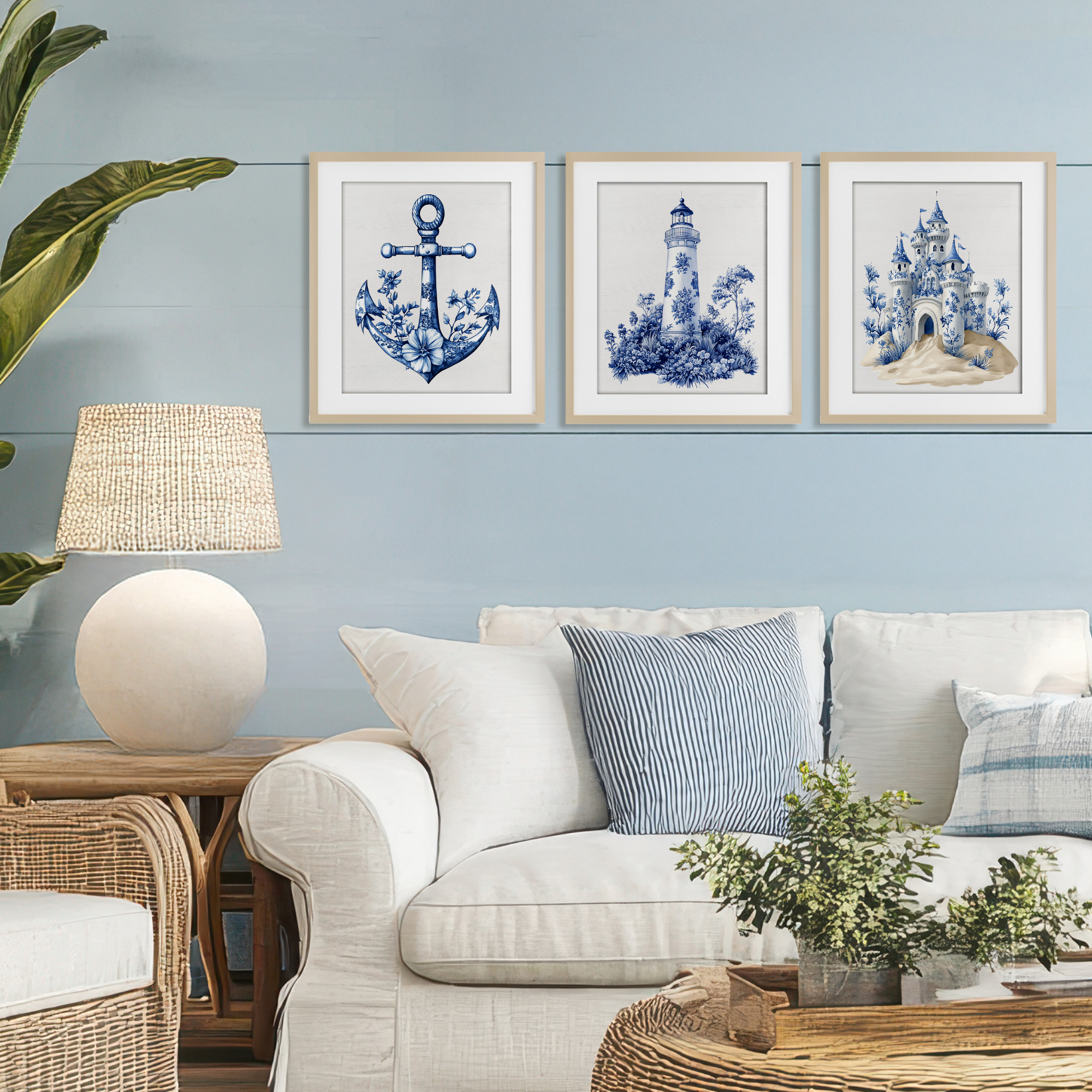 Ornate Nautical Toile Patterns 3 Piece Birch Framed Print Under Glass Set, design by Lettered and Lined