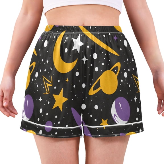 Cartoon Space Pattern Women's Pajama Shorts Silky Satin Casual Lounge Sleep Zero Pressure