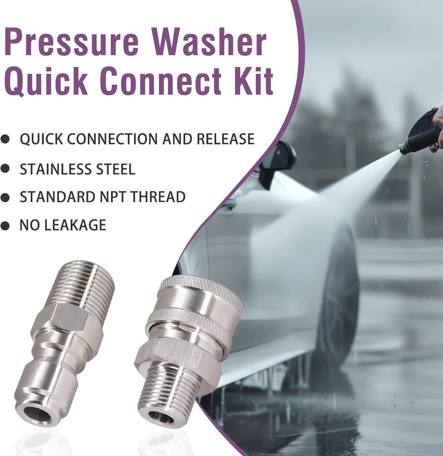 JJEAN-1/4 inch Pressure Washer Quick Connect Fittings, Stainless Steel Power Washer Quick Connect Accessories, Pressure Washer Hose Adapter Fittings for Water Pump, Sprayer,Wand, 5000 PSI