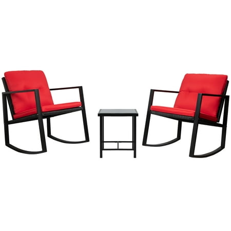 Walnew 3 Pieces Patio Furniture Set Rocking Wicker Bistro Sets Modern Outdoor Rocking Chair Furniture Sets Cushioned PE Rattan Chairs Conversation Sets with Glass Coffee Table (Red)