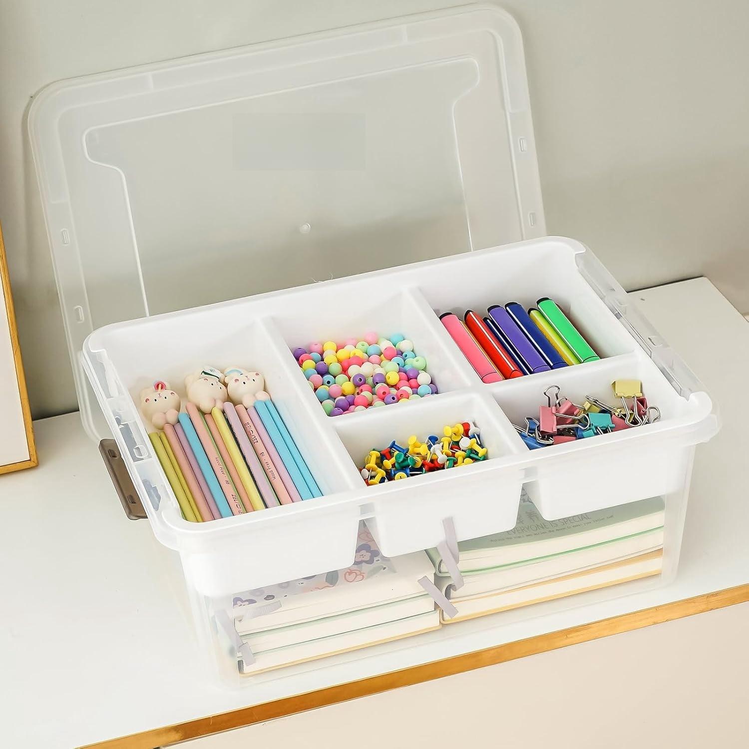 Plastic Storage Box with Removable Tray Craft Organizers and Storage Clear Storage Container for Organizing Bead, Tool, Sewing, Playdoh (White, 2Pack-17QT)