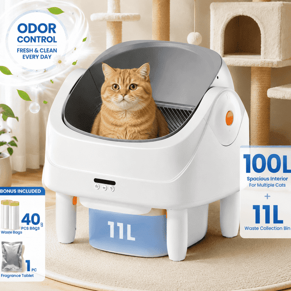 Automatic Cat Litter Box with Odor Control, Self Cleaning Litter Box with Smart App Control, Cat Litter Box Automatic Cleaning System, Health Monitoring, 100L 11L Large Capacity for Multiple Cats