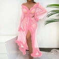 thumbnail image 4 of TMOYZQ Women's Plus Size Sheer Mesh Kimono Robe Furry Trim Babydoll Lingerie Chemise See Through Belted Bathrobe Nightgown Bridal Bridesmaid Wedding Party Gown Beach Bikini Cover Up, 4 of 5