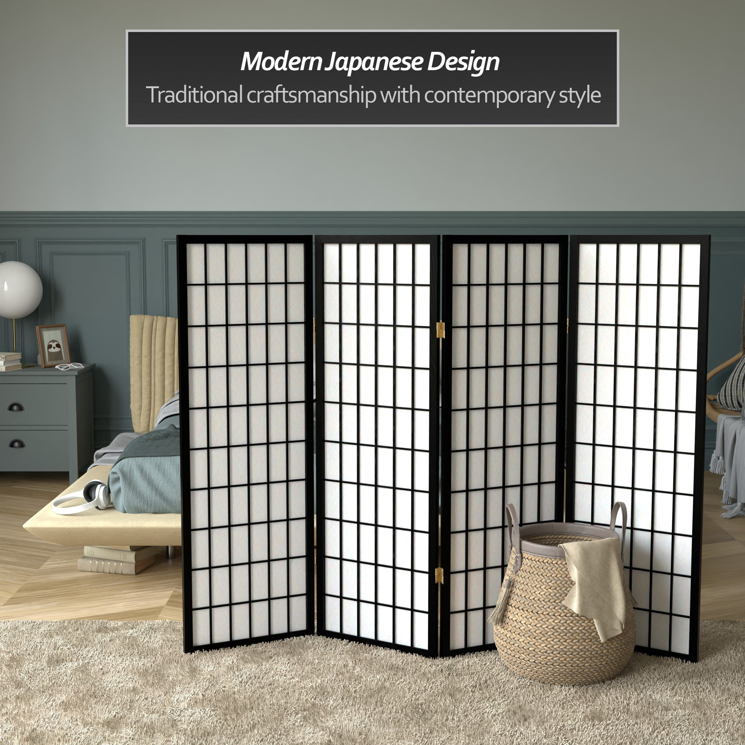 4 ft. Tall Window Pane Shoji Screen - Black - 4 Panels