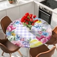 thumbnail image 2 of Round Table Cover 45-54 Inch Easter Waterproof Reusable Table Cloth Round Fitted Vinyl Tablecloth with Elastic Edged for Parties Outdoors, Watercolor Eggs Flowers Berry Plants Purple Plaid, 2 of 6