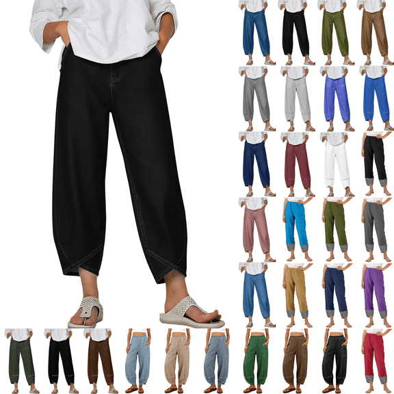 Yuanlook Women's Cropped Barrel Pants, High Waist Side Pockets Denim Look Casual Trousers for Daily S‑XXL