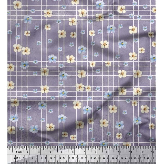 Soimoi Purple Satin Silk Fabric Check & Floral Print Sewing Fabric BTY 42 Inch Wide