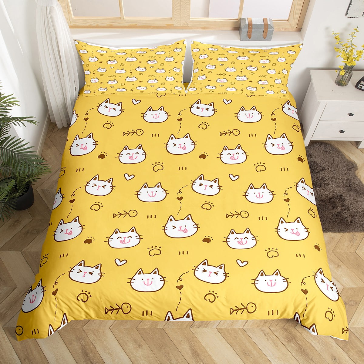 YST Cute Cat Bedding Sets Full Kawaii Kitten Comforter Cover for Girls, Cartoon Animal Bed Set