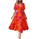 thumbnail image 2 of Puntoco Vestido De Manga Corta Con Cuello En V, Estampado Floral Informal Para Mujer, Manga Abullonada, Lazo Fruncido, Sin Espalda, En Capas, Naranja Xl, 2 of 9