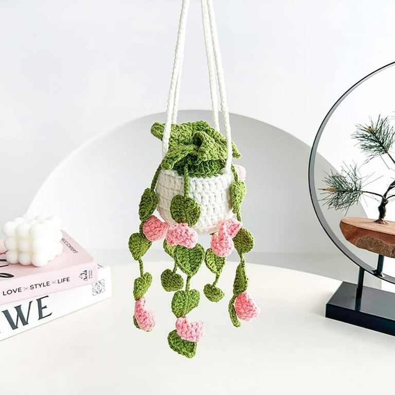 Boho Car Crochet Hanging Basket, Hanging Plant for Decor, Ornament Rear  View Mirror Accessories (Style 1- Short)