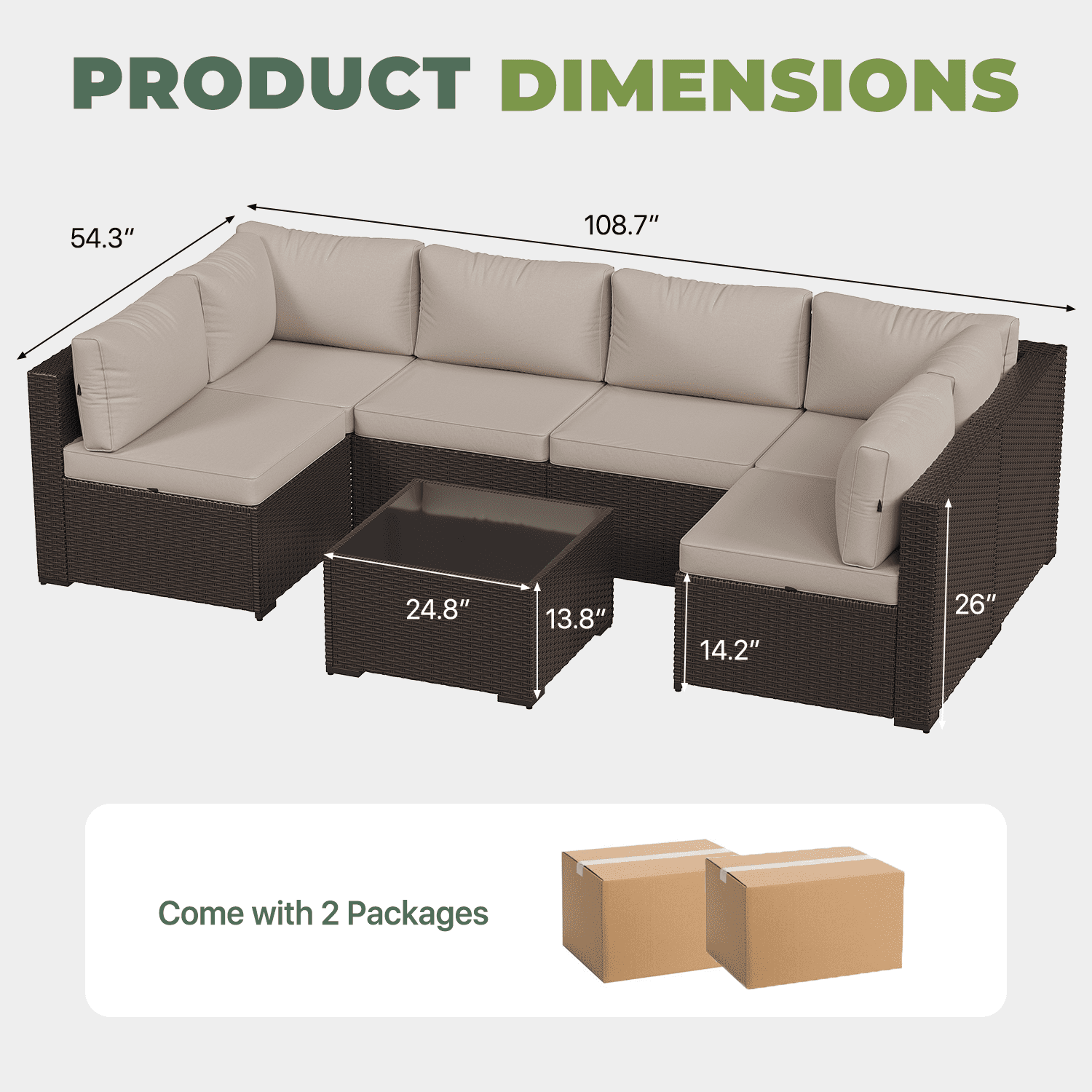 BaPiPro 7-Piece Modular All-Weather Patio Furniture Set, Brown Rattan Wicker Outdoor Sectional Sofa with Thickened Beige Cushions & Tempered Glass Coffee Table for Backyard Porch Deck Balcony