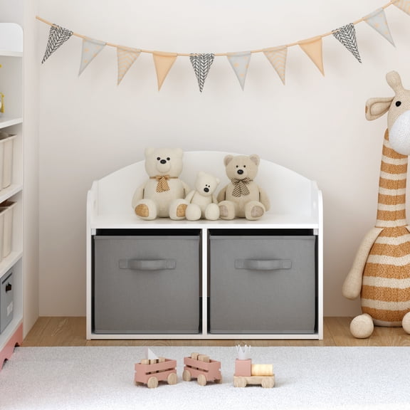 Noble House 24.6" Kids Wooden Toy Box Bench with 2 Fabric Drawers, Toy Storage Cabinet Organizer and Seat, White