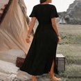 thumbnail image 4 of Xihbxyly Casual Dresses for Women Fashion Boho Solid Print Off the Shoulder Dresses Side Slit Long Dress Leisure Slim Fit Short Sleeve Beach Dress, 4 of 7