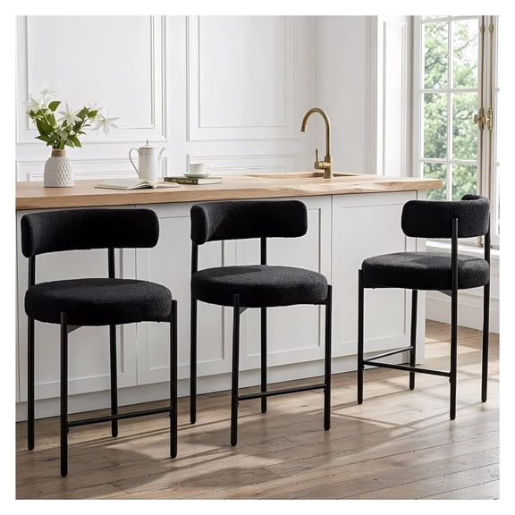 24" Counter Height Bar Stools Set of 3, Boucle, Black