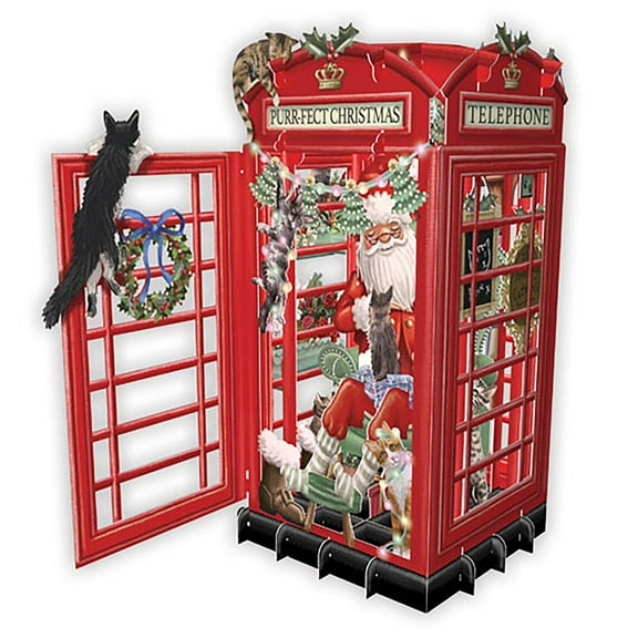 Me & McQ Santa and Cats Inside Red British Phone Booth Laser Cut 3D Pop Up Christmas Card