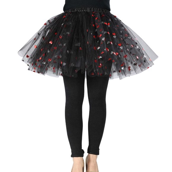 Aocisk Women's Mesh Heart Print Tutu Skirt Flared Party Performance Dance Skirt for Casual Beach Yoga School and Festive Occasions Black L