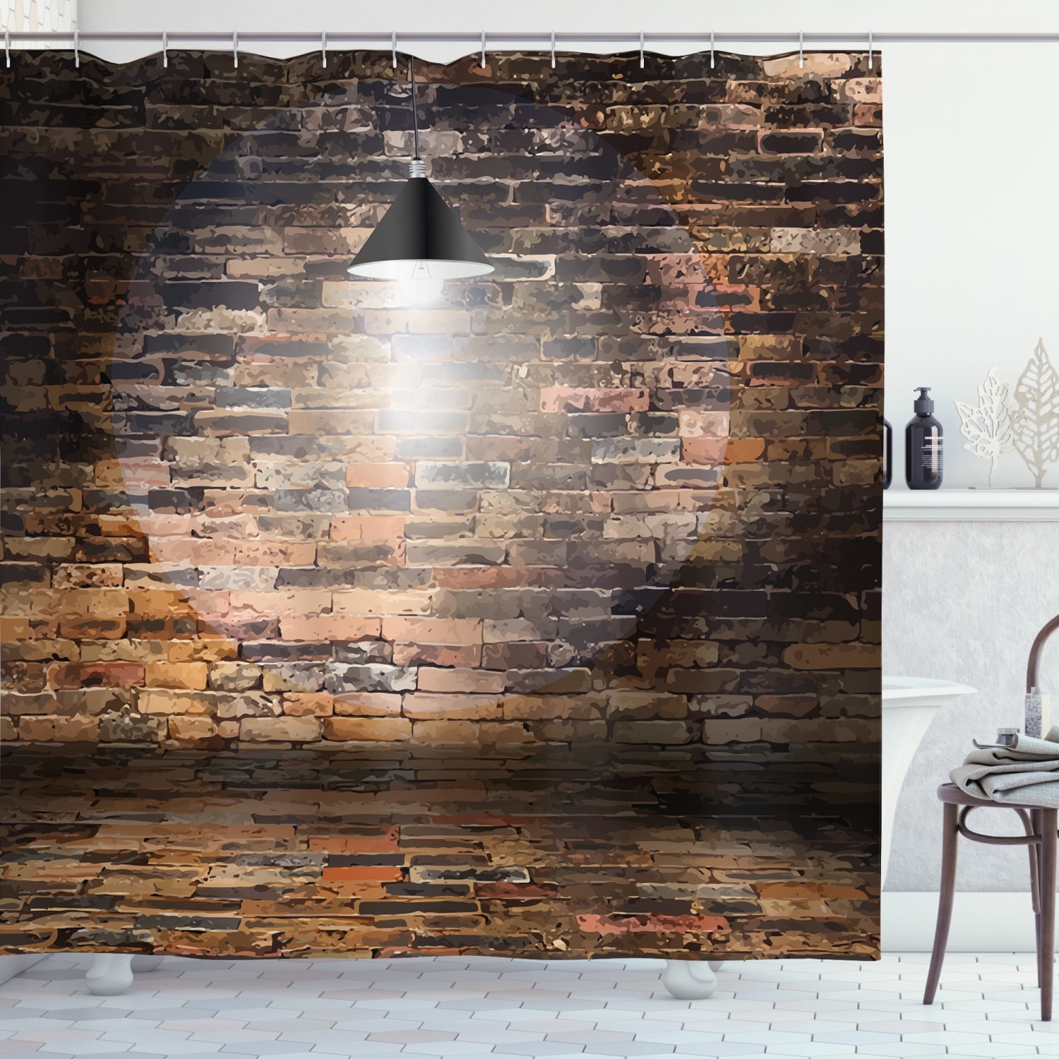 Brick Wall Shower Curtain, Dark Cracked Bricks and Ceiling Urban