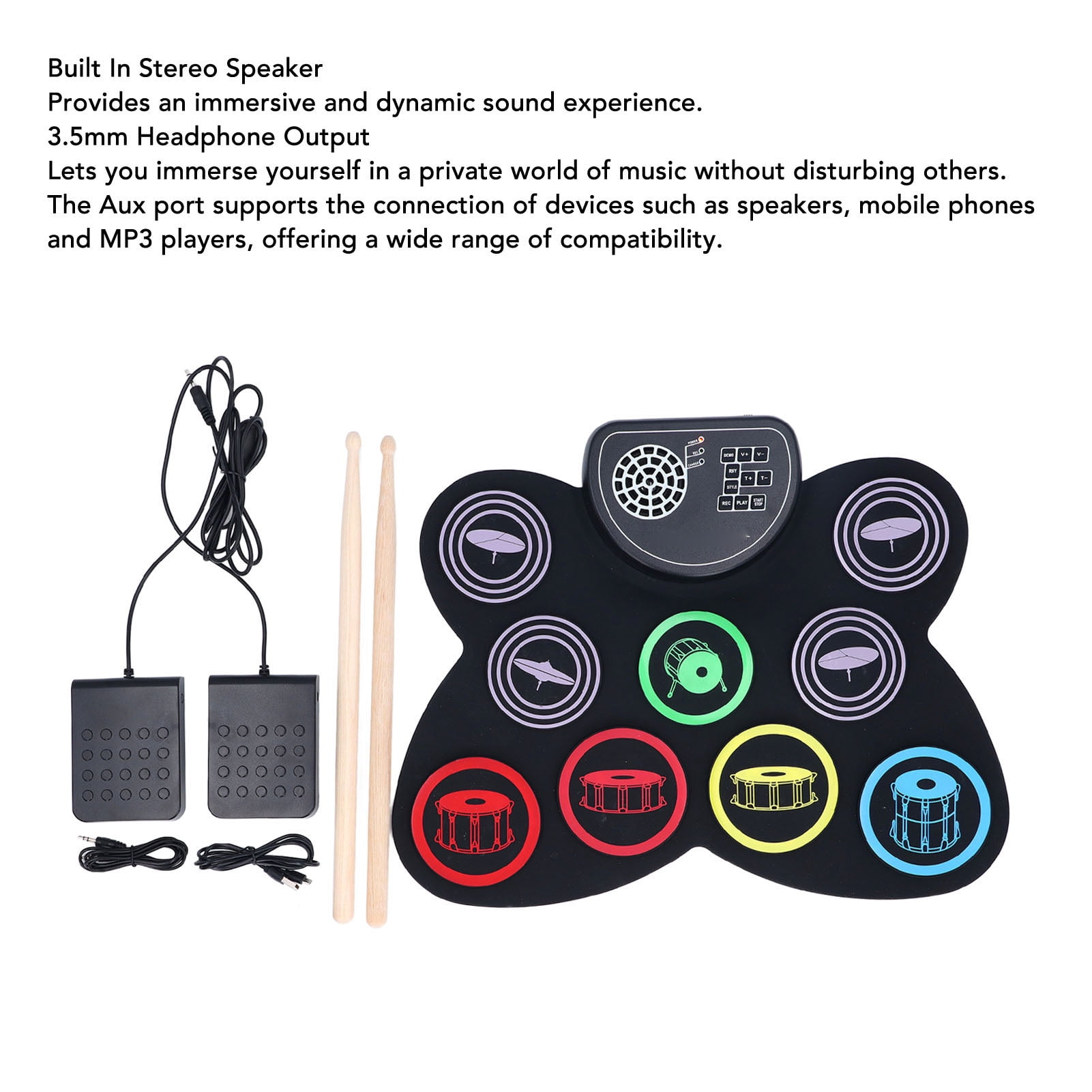 BIMZUC Roll Up Electric Drum Set Colorful Electronic Drum Pad with Built In Speaker Foot Pedal and Drumsticks 16.14 inches / 41 cm Tabletop Drum Kit for Kids and Beginners