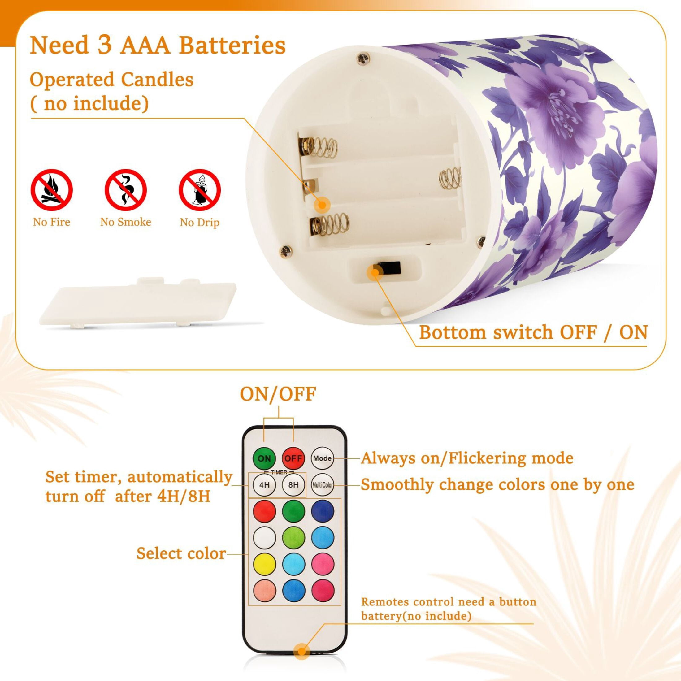 Purple Flowers and Leaves Flickering Flameless Candles Battery Operated with Remote Timer LED Pillar Candles Set of 2