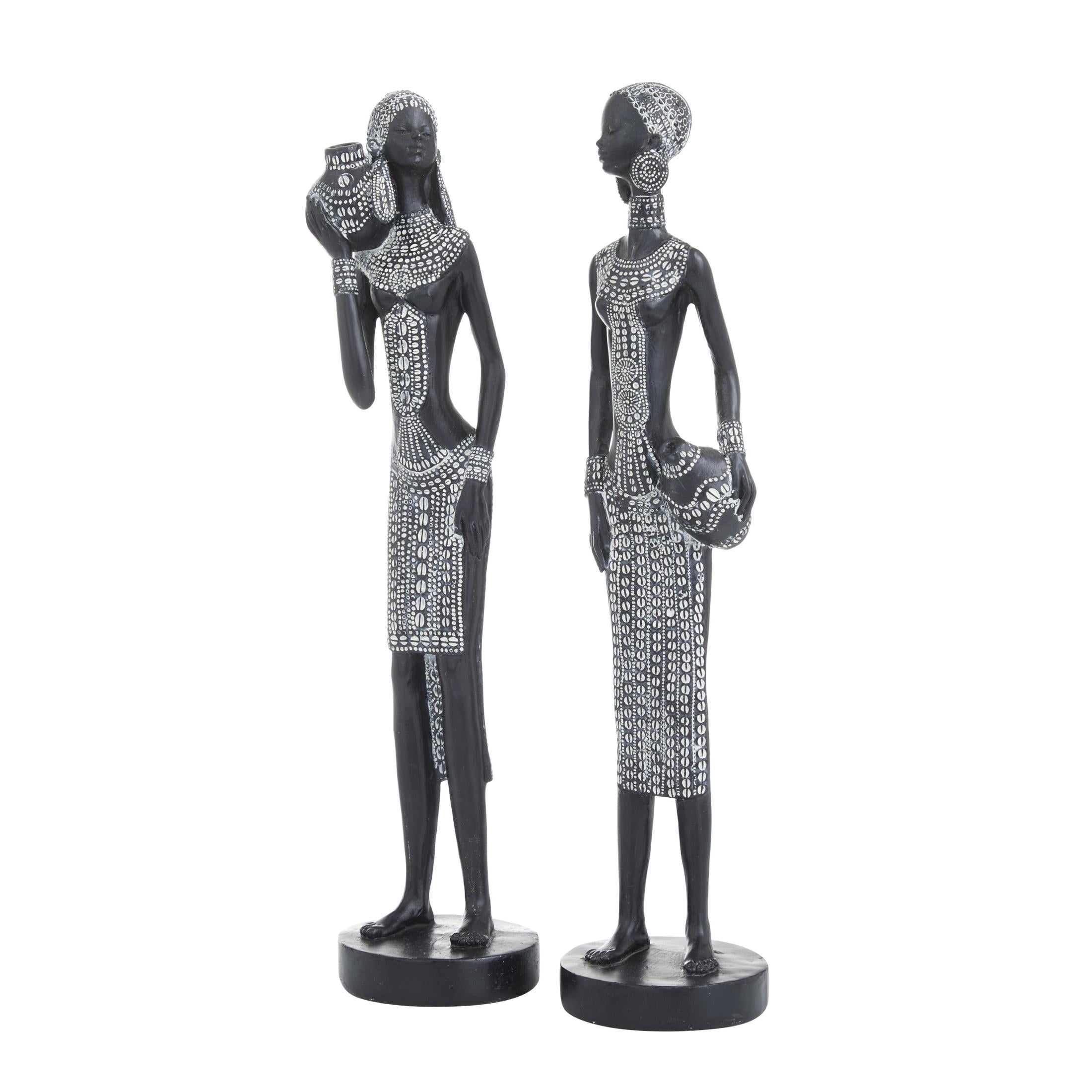 3"W, 14"H Black Polystone Standing African Woman Sculpture with Intricate Details, by DecMode (2 Count)