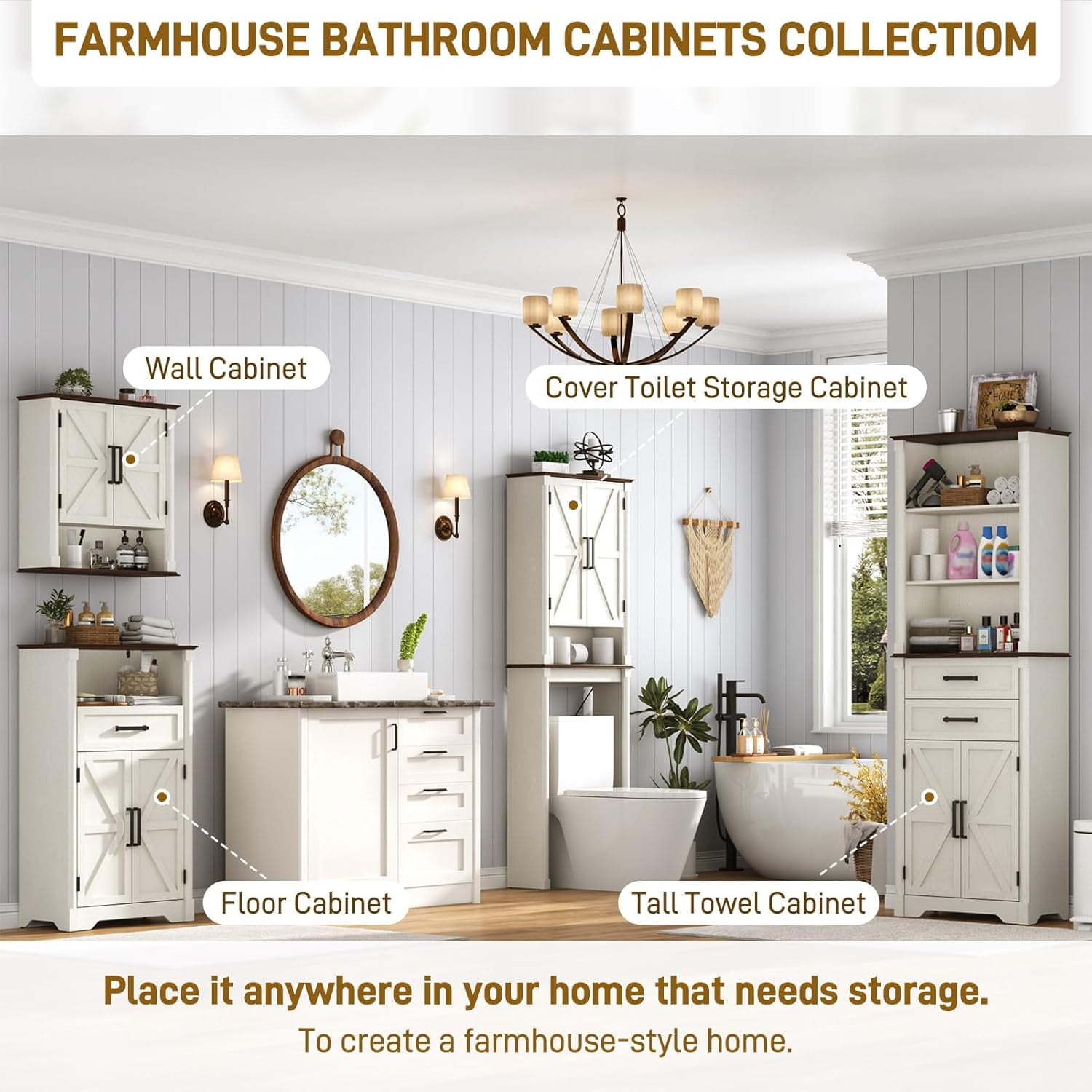 Farmhouse Floor Storage Cabinet with Drawers & 2 Barn Doors, Wood Bathroom Storage Cabinet with Roman Column Decor, Farmhouse Storage Cabinets with Adjustable Shelf & Door Cabinets, Rustic White