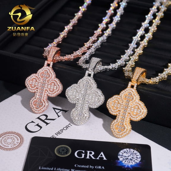 Cross Pendant in S925 Sterling Silver with VVS Moissanite. Can be worn through an 8mm tennis chain. It's faster than a diamond pen.