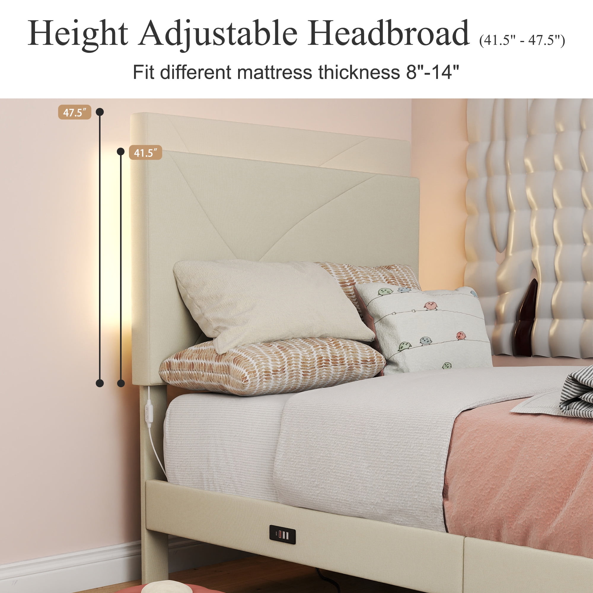 Homy Casa Upholstered Twin Bed with Tech Charging and LED Lights, Modern Headboard, Beige