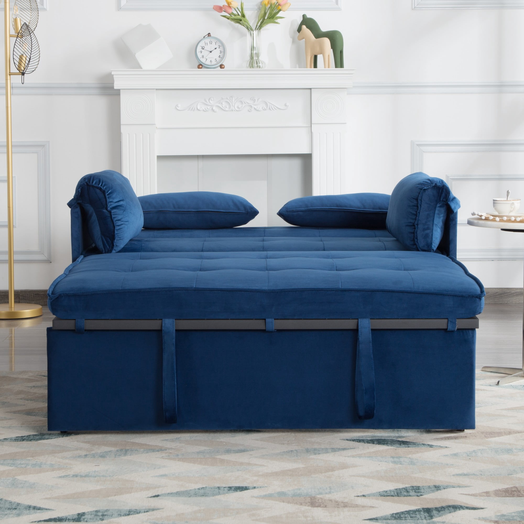 DEALTOPS 46" Velvet Pull-Out Sleeper Sofa Bed, 2-in-1 Convertible Loveseat with 5-Level Reclining Backrest, Blue