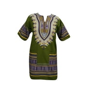 Mogul Unisex Green Tunic Dress Cotton Dashiki Print Blouse Shirt Top