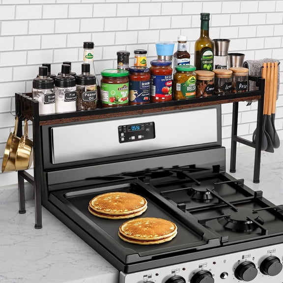 SAVALETOR Stove top spice rack,Over the Stove Shelf with 4 Hooks,Rustic Wood & Heavy-Duty Metal,Stove Top Shelf For Storage Seasoning,Easy Assembly