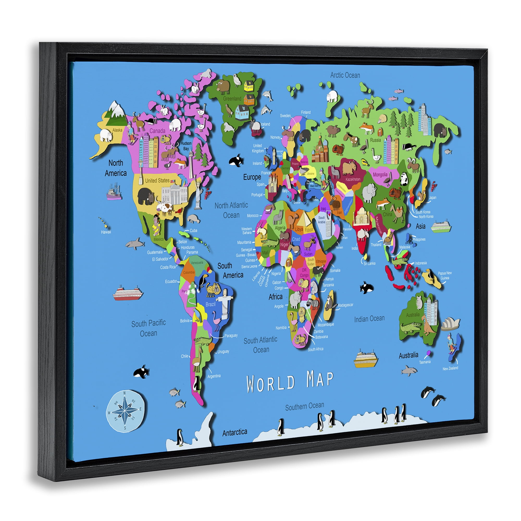 Stupell Industries Educational World Map Town & City Painting Black Floater Framed Art Print Wall Art, 21 x 17