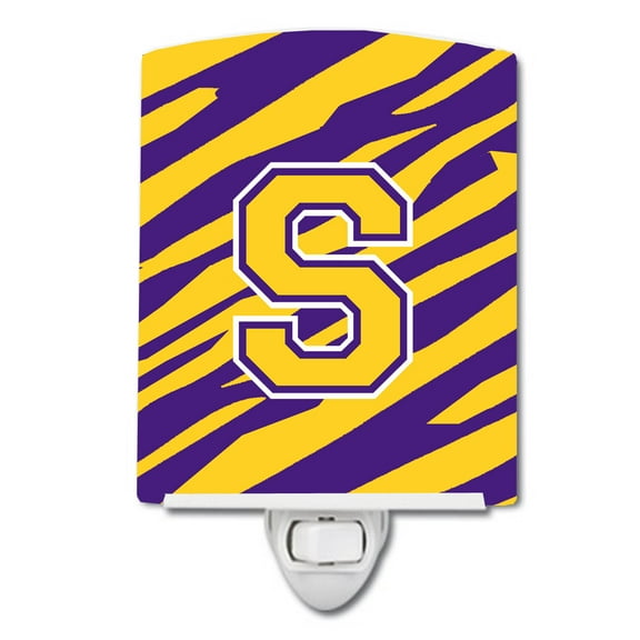 Caroline's Treasures CJ1022-SCNL Letter S Monogram - Tiger Stripe - Purple Gold Ceramic Night Light, 6x4x3", multicolor