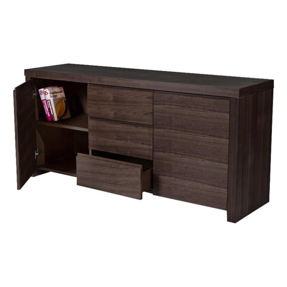 Benjara Ross 63" Buffet Console Cabinet- Door Shelves- 3 Drawers- Dark Brown