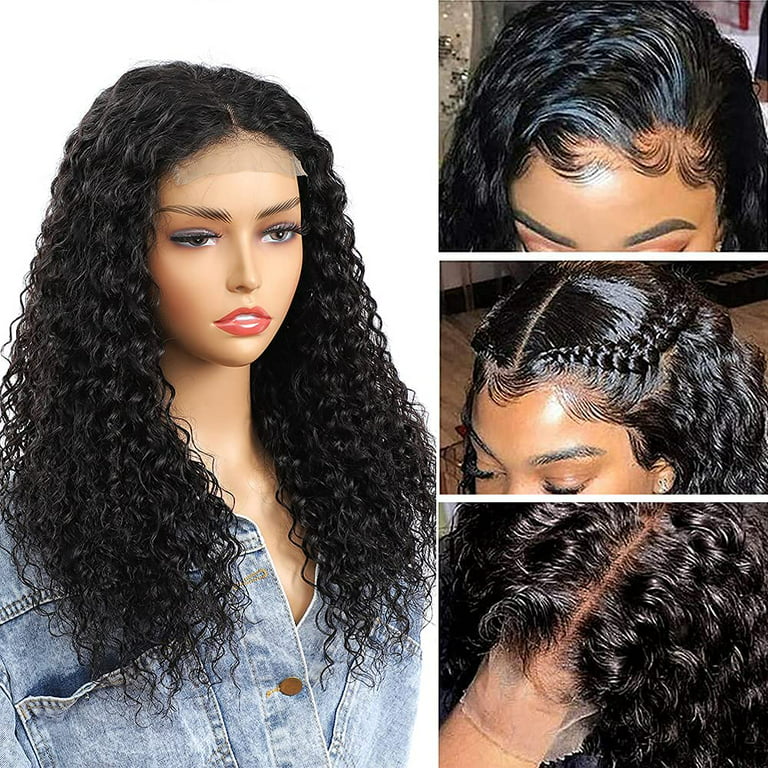 Curly Lace Front Wig Human Hair Wigs for Black Women HD Lace Front Wigs  Human Hair Pre Plucked 180% Density 4x4 Lace Closure Wigs Long Curly Wig  Natural Black Color(18 Inch) 